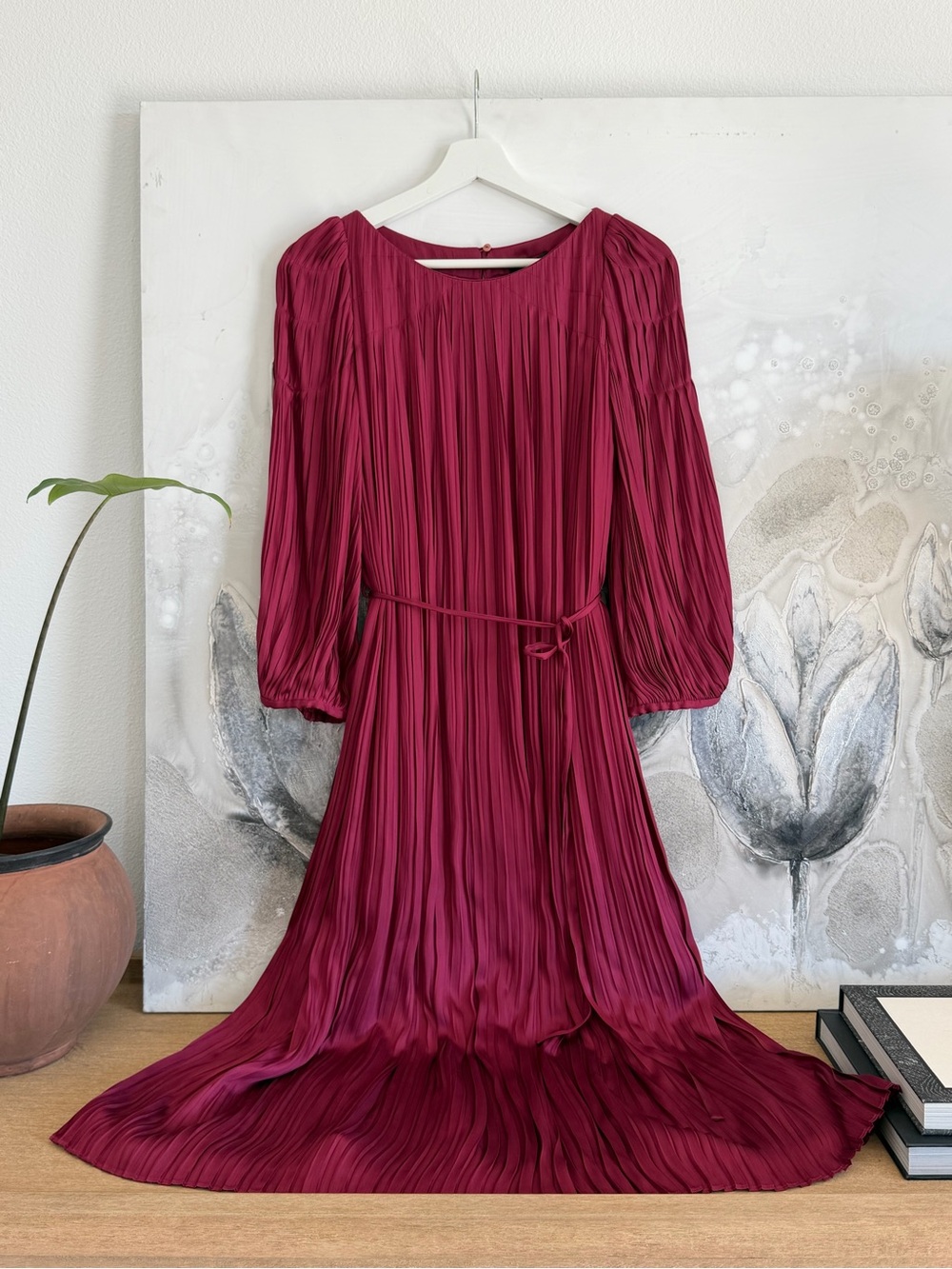 Massimo Dutti Pleated Midi Dress in Berry